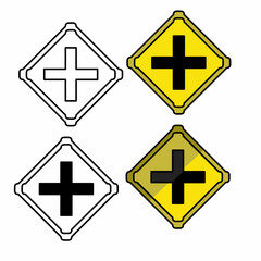 Four different colored signs with a black and white cross and a yellow plus sign. The signs are all different colors and sizes