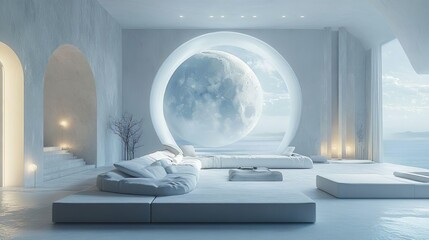 Moonlit Bedroom with Celestial Headboard Gentle Lighting and a Calm Relaxing Atmosphere