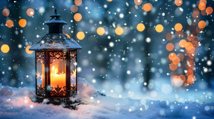Nighttime christmas lantern with candle lighting up snowy winter scenery
