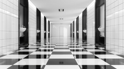 Fototapeta premium Black and white tiled flooring in a clean, sleek restroom, with transparency adding depth