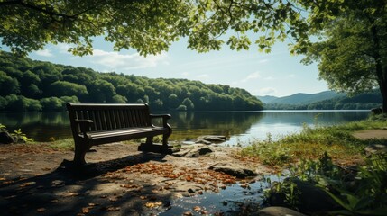 Beautiful green park near the lake with a bench