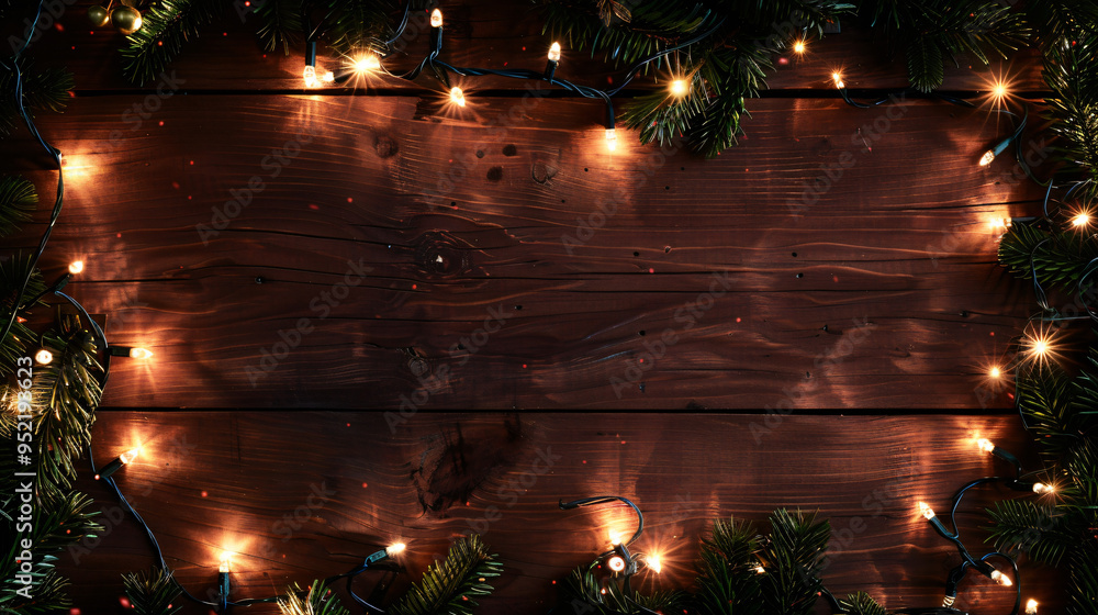 Aufkleber rustic wood background framed by christmas lights with space for text in the center