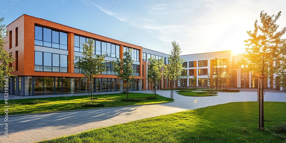 Wall mural Sunny Day Exterior View of Public School Building - Educational Architecture and Community Concept 