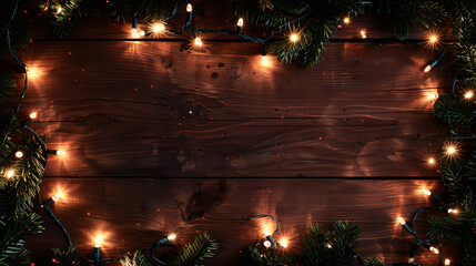 Obraz premium Rustic wood background framed by christmas lights with space for text in the center
