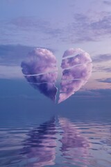 A heart-shaped cloud split into fragments over a calm, reflective ocean.