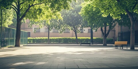 Obraz premium Empty minimal style schoolyard, nobody. Background for school website, school grounds landscaping for events. 