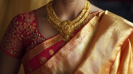 The rich fabric of an Indian sari is displayed in detail, capturing the cultural importance and elegance of this traditional attire.