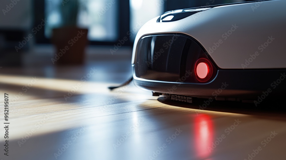 Poster a cleaning robotas bumper in sharp focus, with emphasis on the impact sensor and flexible material.