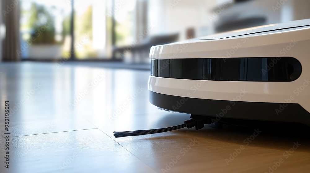 Poster a cleaning robotas bumper in sharp focus, with emphasis on the impact sensor and flexible material.