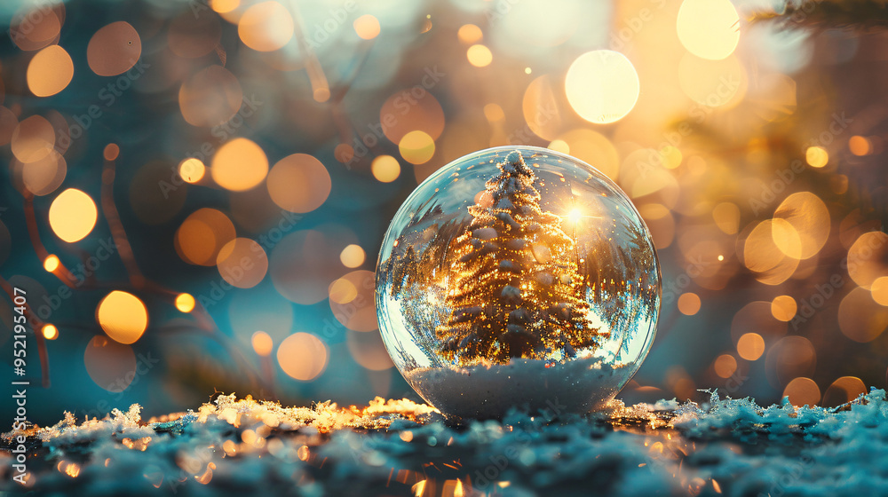 Poster magical christmas atmosphere with snow-covered tree reflected in crystal ball and golden bokeh light