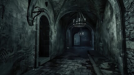 Eerie, dark medieval dungeon corridor with aged stone walls, dim lighting, and a haunting atmosphere perfect for spooky scenes or historical settings.