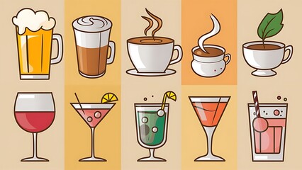 Beer, coffee and tea icons. Beer, wine and cocktail signs. Soft and alcohol drinks symbols. Classic simple flat icons. Vector