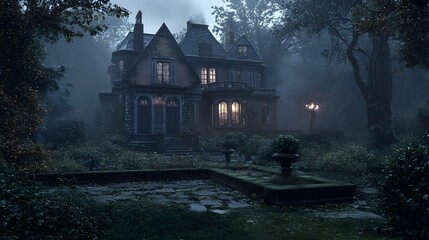 Fototapeta premium Eerie Illuminated Gothic Mansion Surrounded by Misty Forestscape at Night