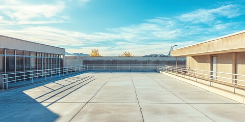 A sunny day on the roof of a school building. A rooftop view with concrete, railings and blue sky. 