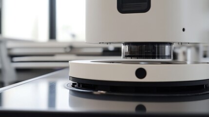 A cleaning robotas laser scanner in sharp focus, highlighting the rotating element and sensor window.