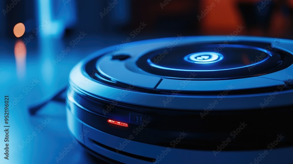 Poster a cleaning robot's navigation sensor in sharp focus, highlighting the infrared lights and camera len