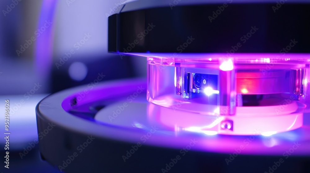 Poster a cleaning robot's navigation sensor in sharp focus, highlighting the infrared lights and camera len