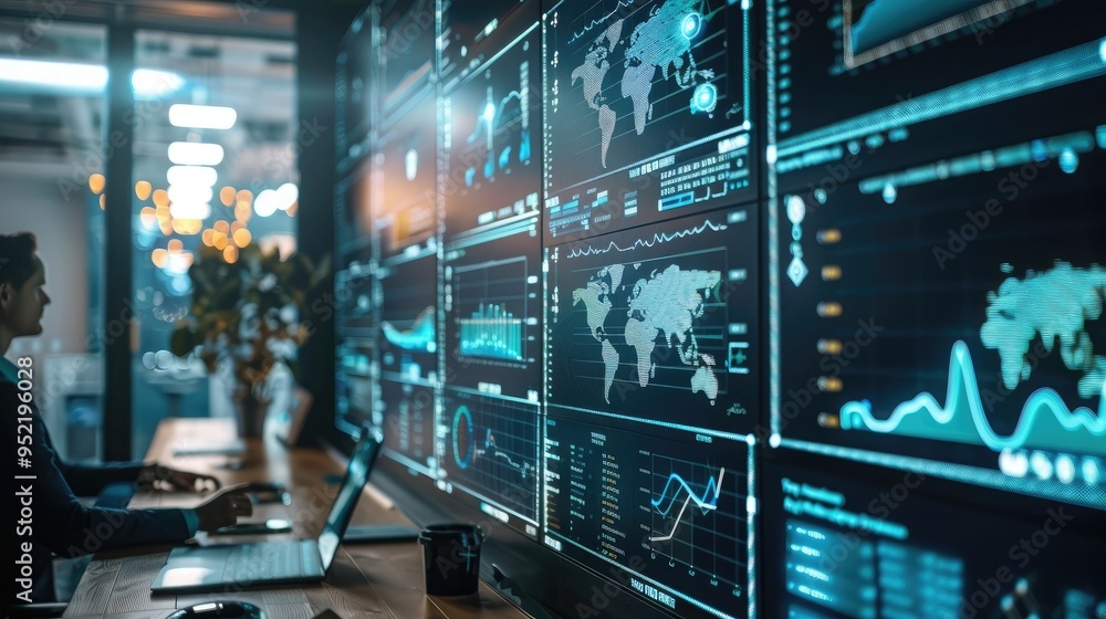 Poster blockchain consultant's wall: covered in blockchain technology whitepapers, cryptocurrency market da