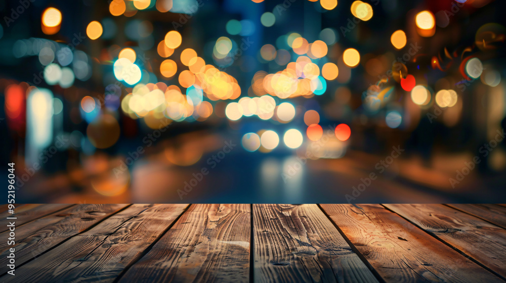 Aufkleber city lights illuminate an empty wooden table at night, creating a captivating bokeh effect with urba
