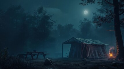 A serene nighttime campsite with a lit fire next to a tent under a full moon in a dense forest.