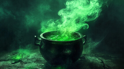 Bubbling Green Smoke from Witch’s Cauldron, Mysterious Halloween Vibes
