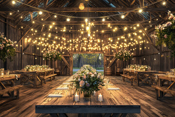 Fototapeta premium A Rustic Barn Wedding: Glowing Lights and Floral Delights Create a Magical Atmosphere.