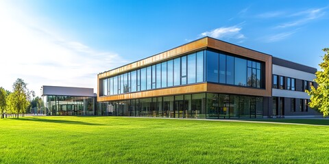 Fototapeta premium modern school building with large windows surrounded by green grass and blue sky 