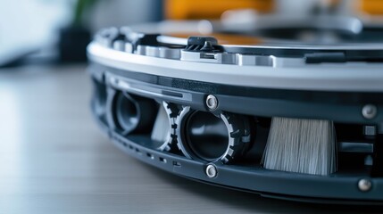 A cleaning robotas underside, focusing on the main brush roller and dust intake.