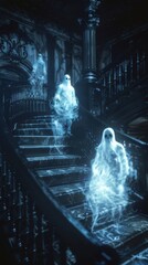 Ethereal ghostly figures ascending dark, ornate staircase in a haunted mansion. Spooky, surreal ambiance with blue ghostly glow.
