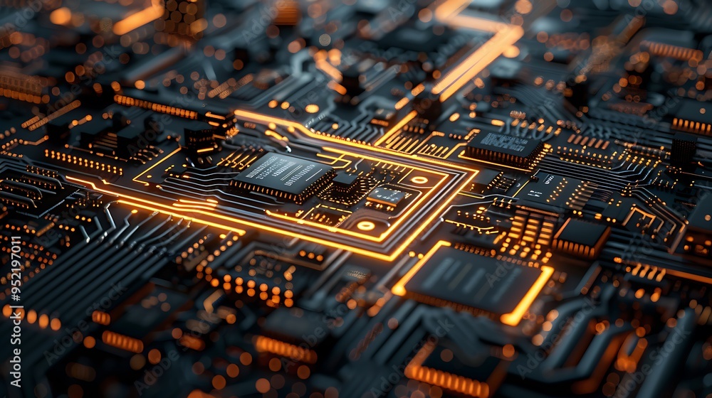 Poster exploring the intricacies of a modern circuit board with glowing elements