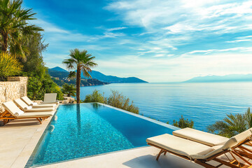 Vacation in a luxury villa with sun loungers, pool and sea view