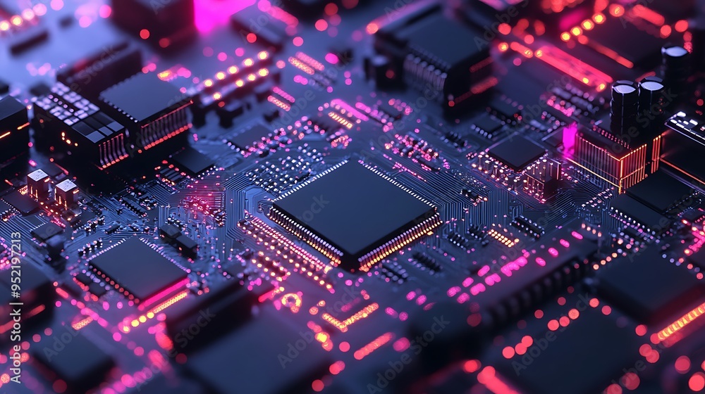 Poster exploring the intricacies of a modern circuit board with glowing elements