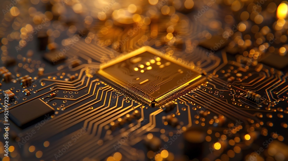 Poster exploring the intricacies of a modern circuit board with glowing elements
