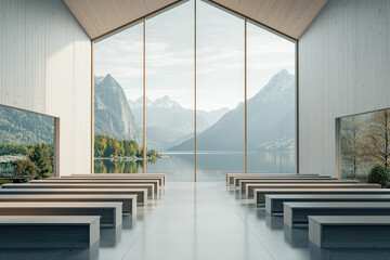 A Minimalist Sanctuary: Tranquility Awaits in This Modern Chapel with Breathtaking Mountain Views.