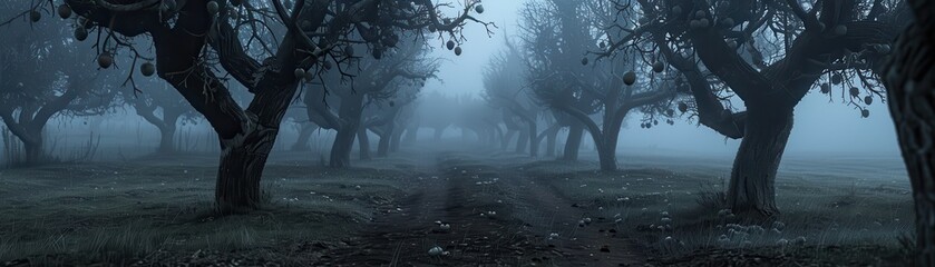 Obraz premium A hauntingly beautiful orchard with mist-covered trees on a foggy morning, creating an eerie and mysterious atmosphere.