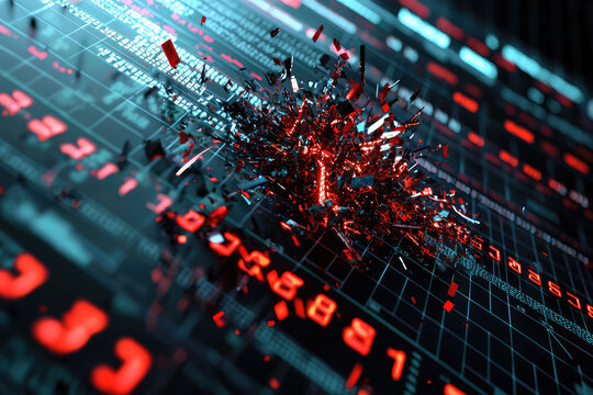 The Stock Market Implodes: A 3D Render of a Digital Ticker Exploding into Chaos