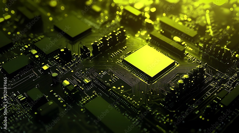 Poster exploring the intricacies of a modern circuit board with glowing elements
