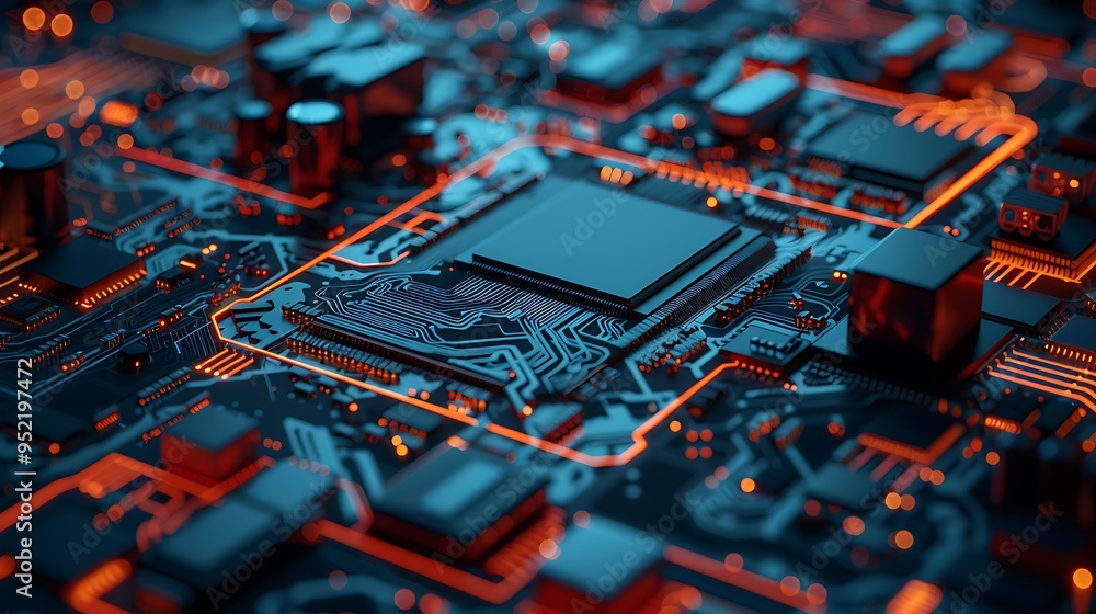 Poster exploring the intricacies of a modern circuit board with glowing elements