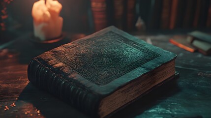 Mysterious Ancient Occult Spellbook or Tome with Ornate Leather Binding and Mystical Symbols on Dark Background