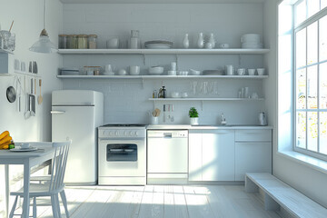 Fototapeta premium A Minimalist Kitchen Dream: White Appliances and Open Shelving in a Bright, Airy Space.