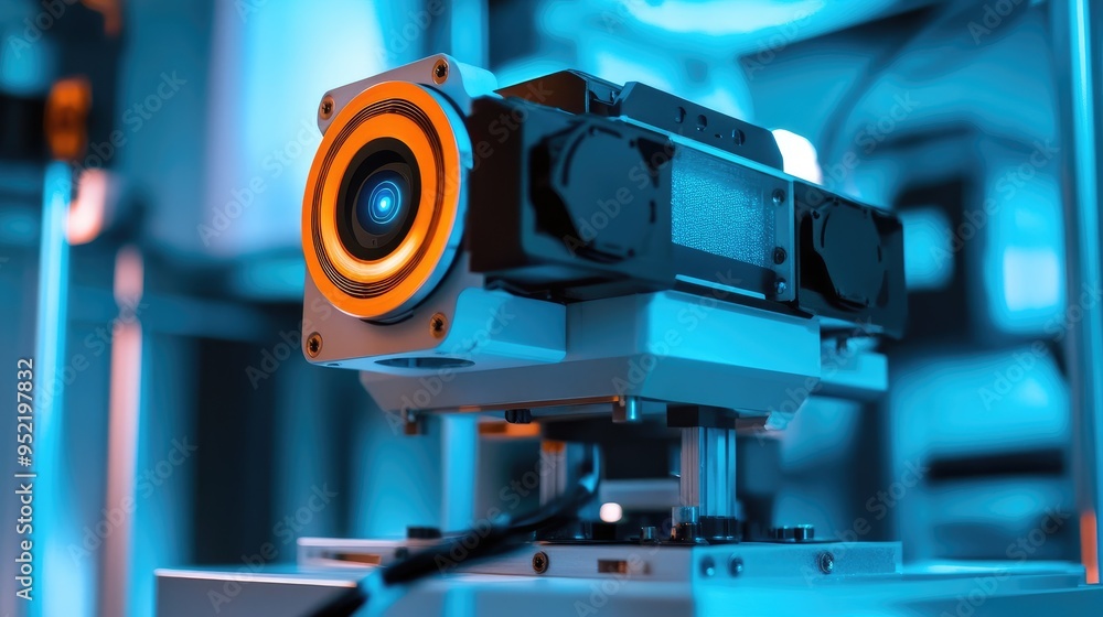 Poster a close-up of a cleaning robotas laser mapping system, with focus on the rotating sensor and housing