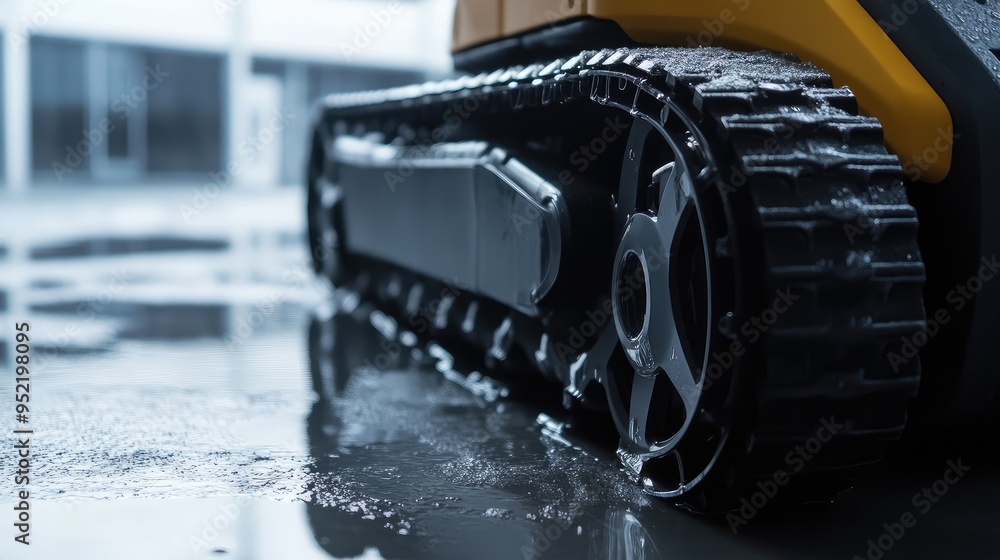 Poster a close-up of a cleaning robotas wheels, with focus on the retractable mechanism and rubberized trea