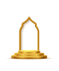 Gold 3d podium with frame on white background. Abstract empty golden award platform with glowing arch. Vector illustration for product displays, award ceremonies, luxurious presentations.