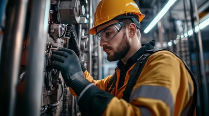Industrial Worker Inspecting Machinery in Factory
