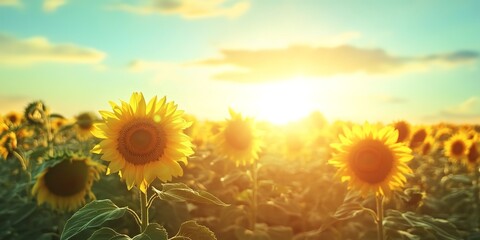 Fototapeta premium Bright sun illuminates a summer nature of sunflower field