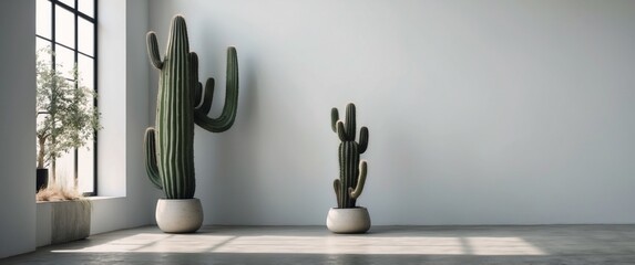 White wall with window and growing big cactus Minimalist concept.