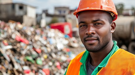 African American Construction Worker in Safety Gear at Scrap Yard