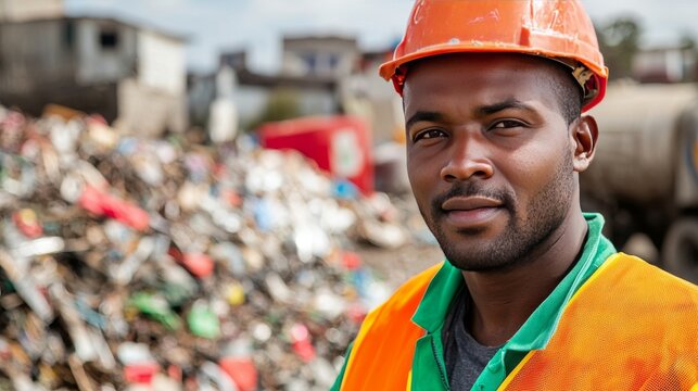 African American Construction Worker in Safety Gear at Scrap Yard