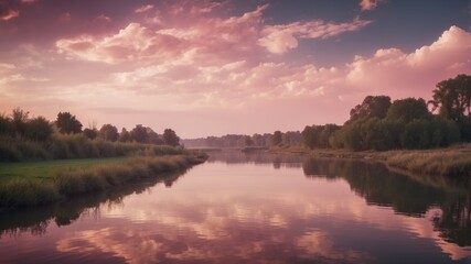 Obraz premium Serene landscape with pink clouds and reflective waterway.