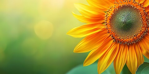 Obraz premium A detailed macro shot of a blooming sunflower with bright yellow petals and a textured center, set against a soft, blurred green background, capturing the intricate details 